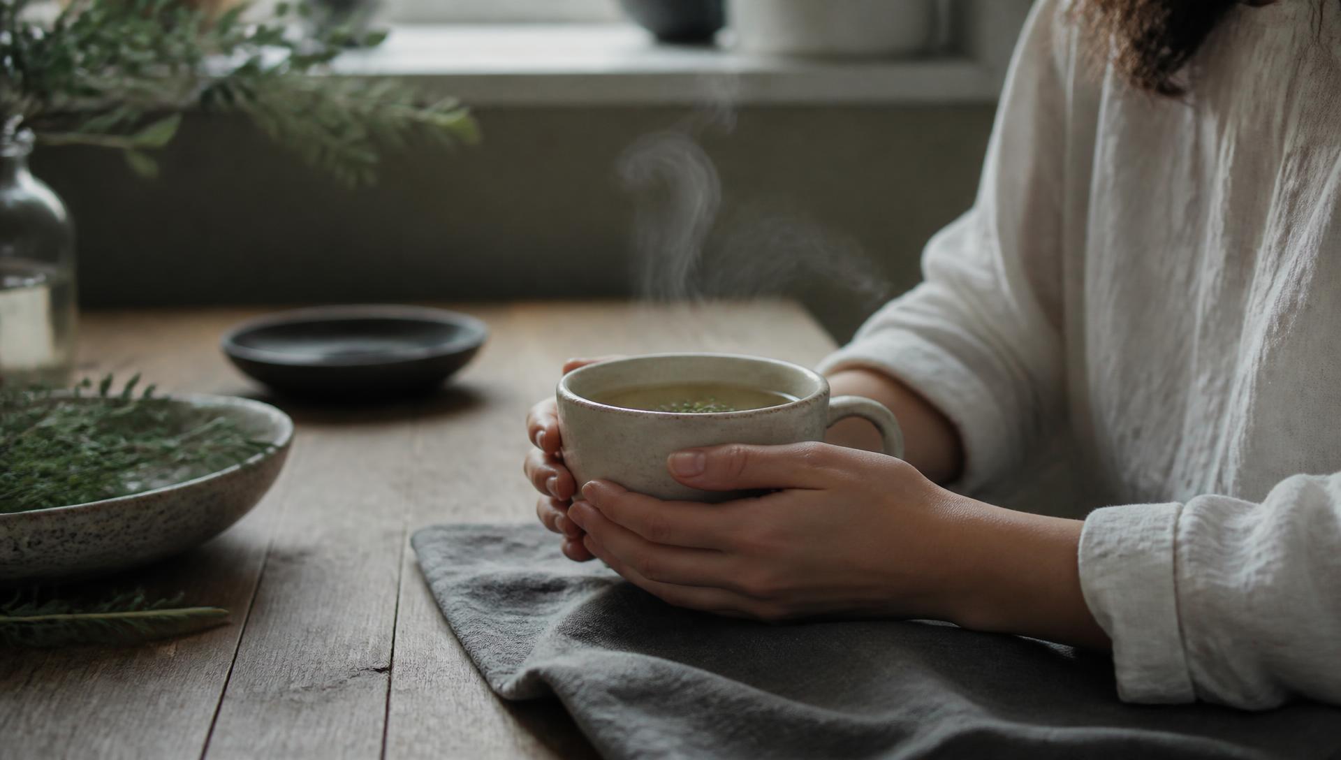Mãos a segurar uma chávena de infusão quente