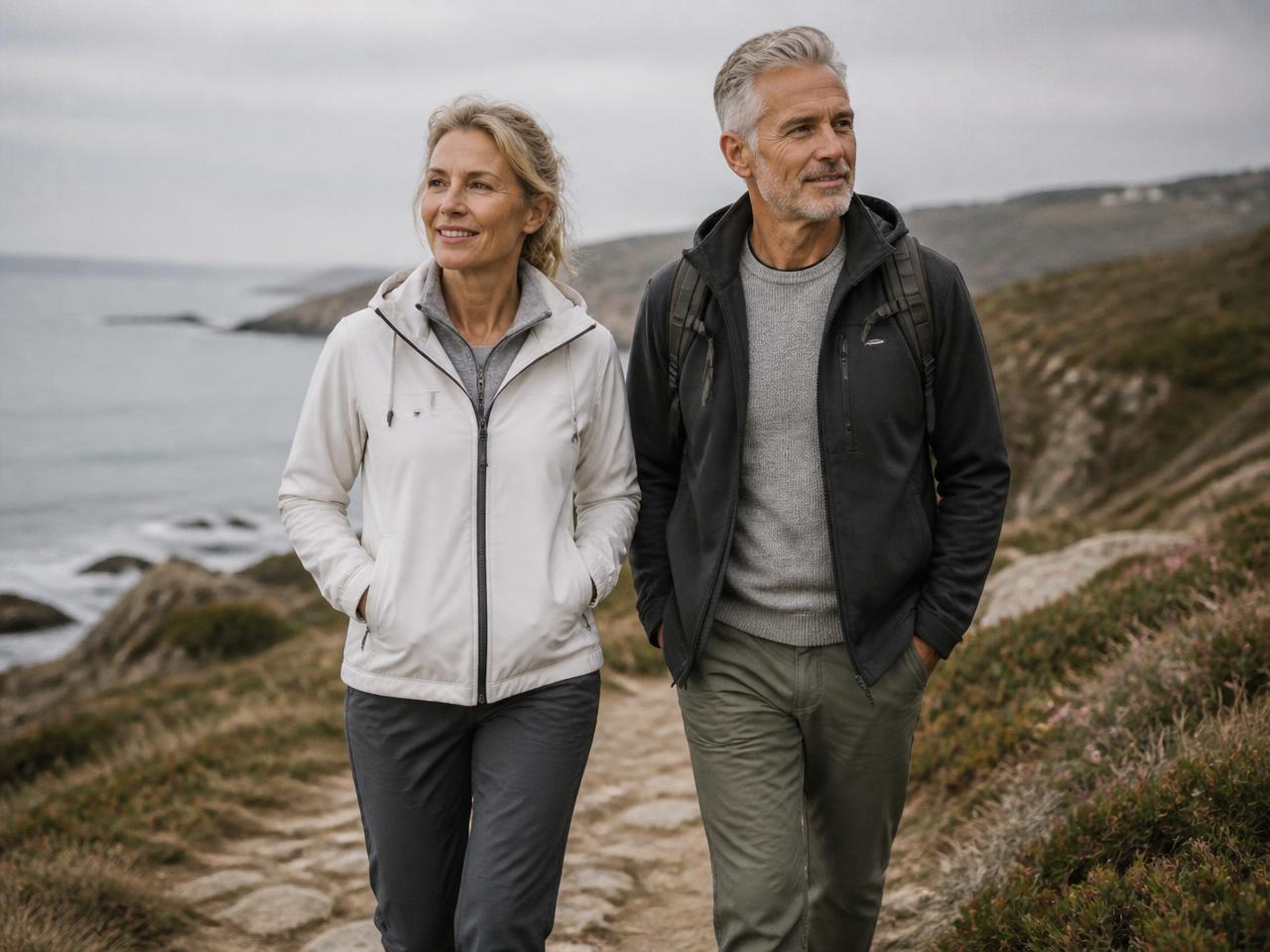 Casal a caminhar num trilho junto ao mar