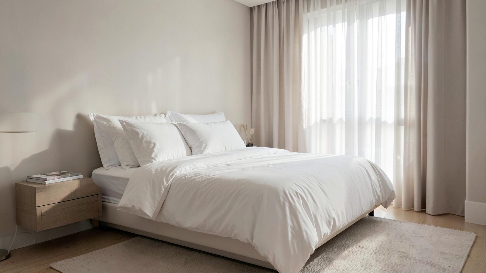 Cama arrumada com almofadas e luz suave