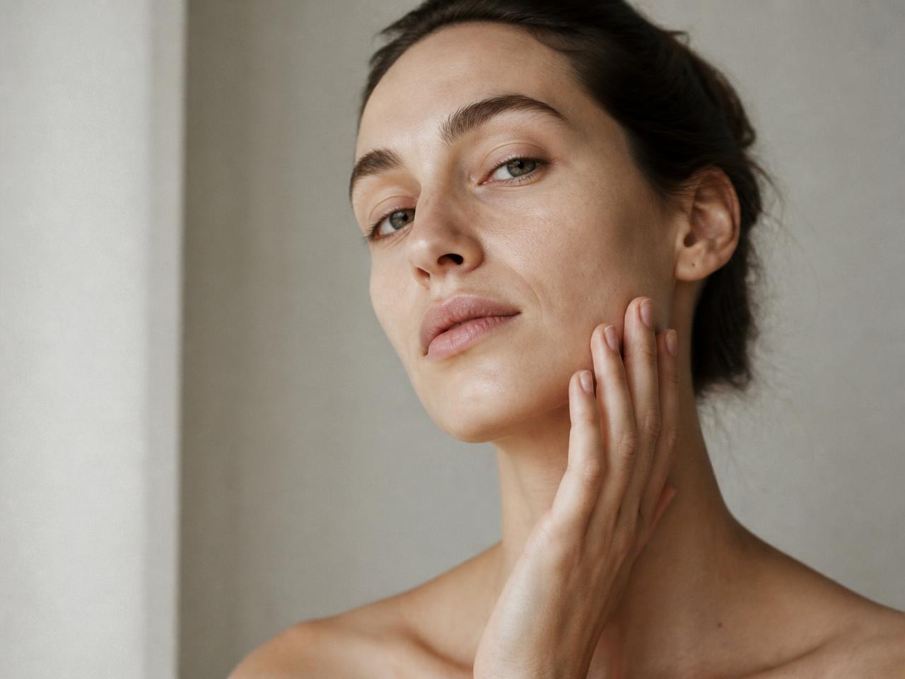 Retrato de mulher com pele natural, sem maquilhagem